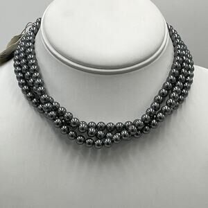 Marvella Monet Gray 3 Strand Faux Pearl Silver Tone Crystal Clasp Necklace New